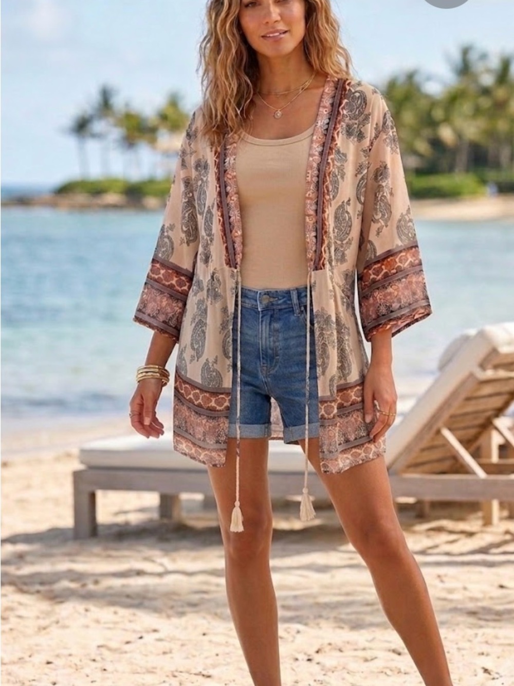 Xhilaration Cream Paisley Tie-Front Kimono
